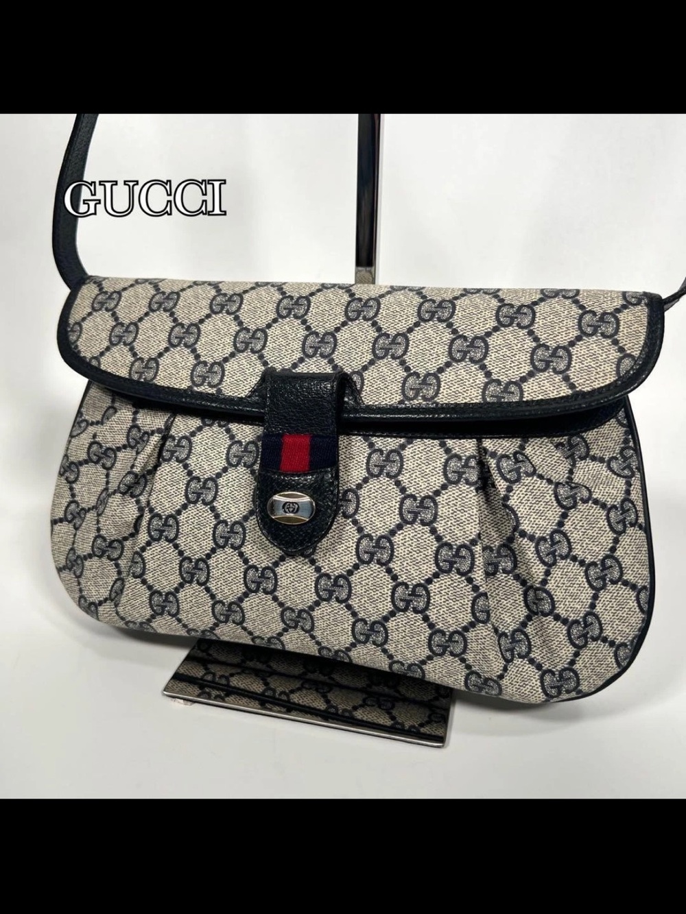 Gucci Tan GG Canvas Shoulder Bag with Black Trim and Red Web Accent